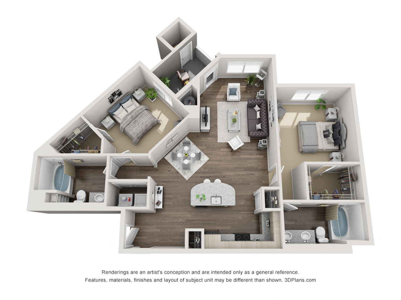 Floor plan for 2 beds, 2 baths, 1145 sqft
